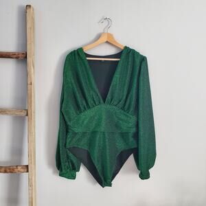 SHEIN Curve Bishop Sleeve Deep V Sparkle Bodysuit Green 2XL